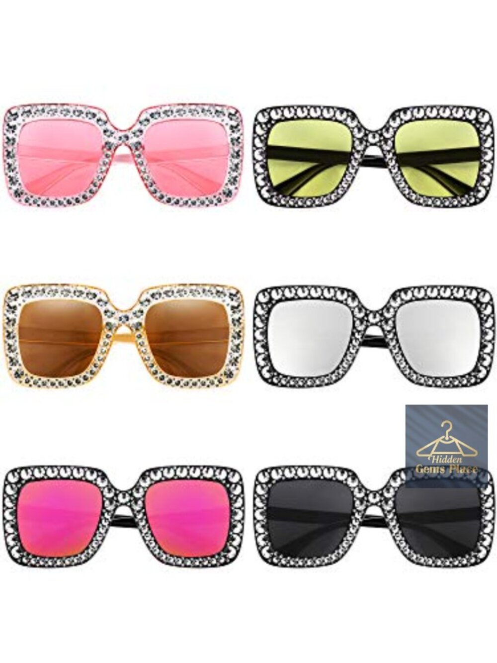 6 Pairs Rhinestone Oversized Square Sunglasses Women Bling Party